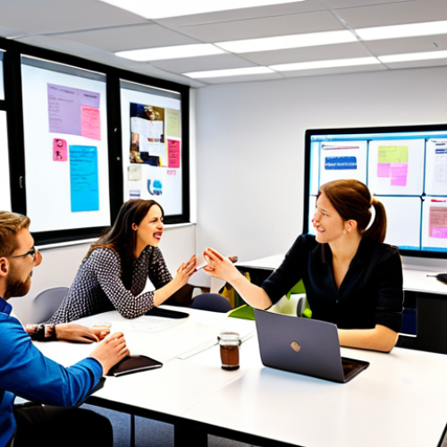 Home 15 **
A vibrant, modern office space showcasing agile teamwork. Depict diverse professionals collaborating around a Kanban board, with open communication and laptops. The background includes motivational posters and flexible seating arrangements. The overall feeling is dynamic and innovative, reflecting German "Mittelstand" business culture embracing agile methodologies.
**