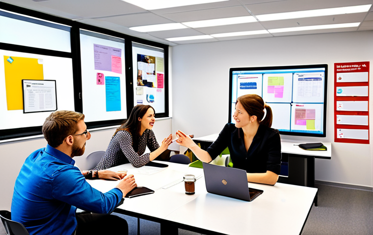**
A vibrant, modern office space showcasing agile teamwork. Depict diverse professionals collaborating around a Kanban board, with open communication and laptops. The background includes motivational posters and flexible seating arrangements. The overall feeling is dynamic and innovative, reflecting German "Mittelstand" business culture embracing agile methodologies.
**