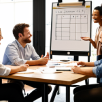 **

Prompt: A modern office space, sunlight streaming through the windows. Employees are collaborating enthusiastically around a table, some gesturing and smiling. A whiteboard in the background displays a mix of strategy diagrams and handwritten notes. The overall feeling is positive, innovative, and teamwork-oriented. Focus on conveying a strong, positive company culture that values communication and collaboration.
**
