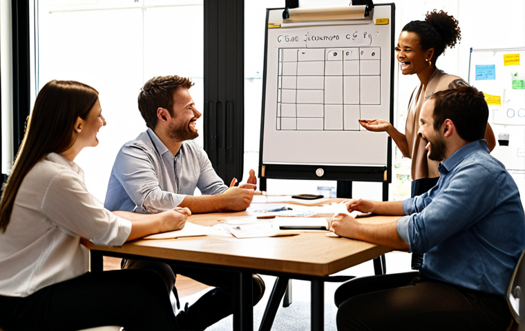 **
Prompt: A modern office space, sunlight streaming through the windows. Employees are collaborating enthusiastically around a table, some gesturing and smiling. A whiteboard in the background displays a mix of strategy diagrams and handwritten notes. The overall feeling is positive, innovative, and teamwork-oriented. Focus on conveying a strong, positive company culture that values communication and collaboration.
**