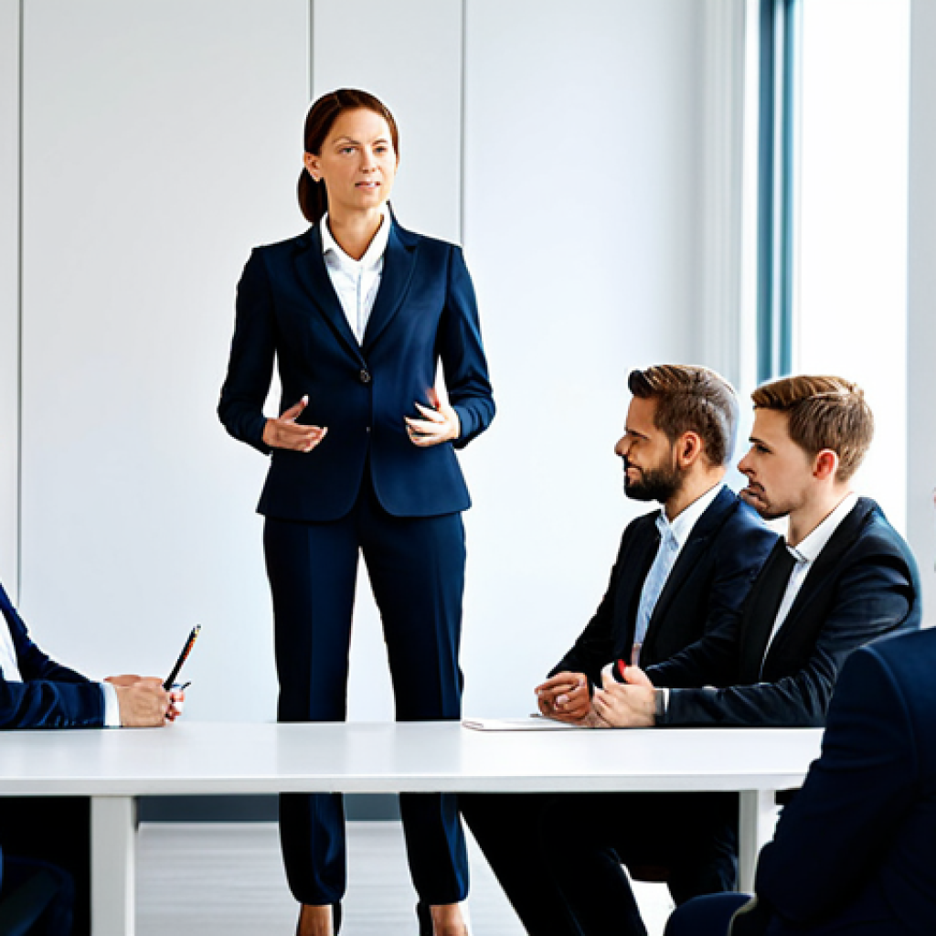 윤리적 리더십 - "A professional businesswoman in a modest business suit, confidently addressing a team in a modern, ...