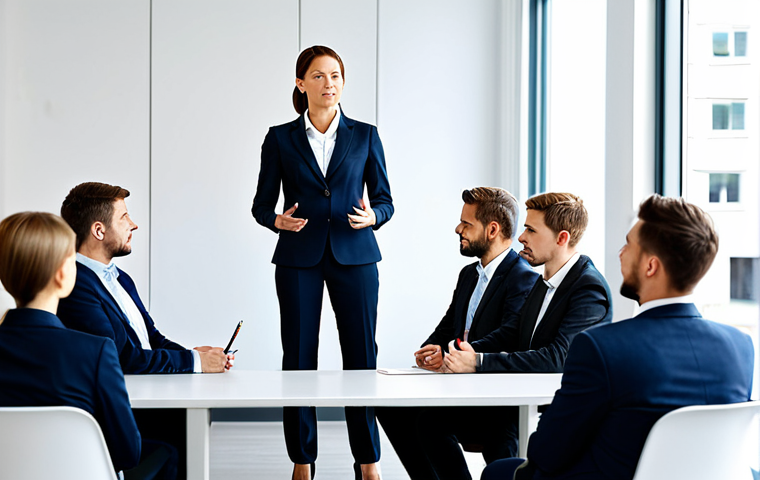 윤리적 리더십 - "A professional businesswoman in a modest business suit, confidently addressing a team in a modern, ...