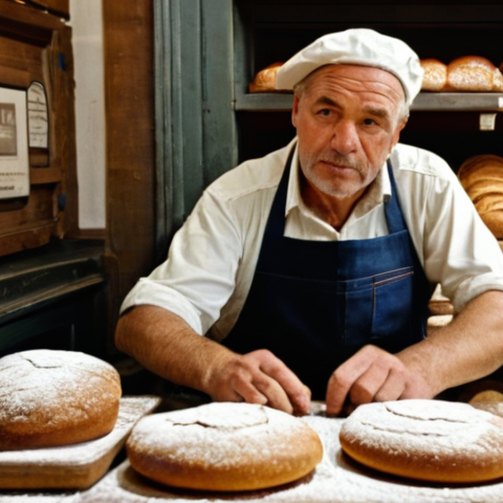 미시 경제학 - **Prompt:** A traditional German baker, a middle-aged man with flour dust on his apron, stands thoug...