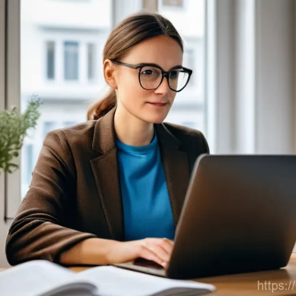 경영학 온라인 학습 - **Prompt:** A focused, determined German woman in her late 30s is deeply immersed in her online Busi...