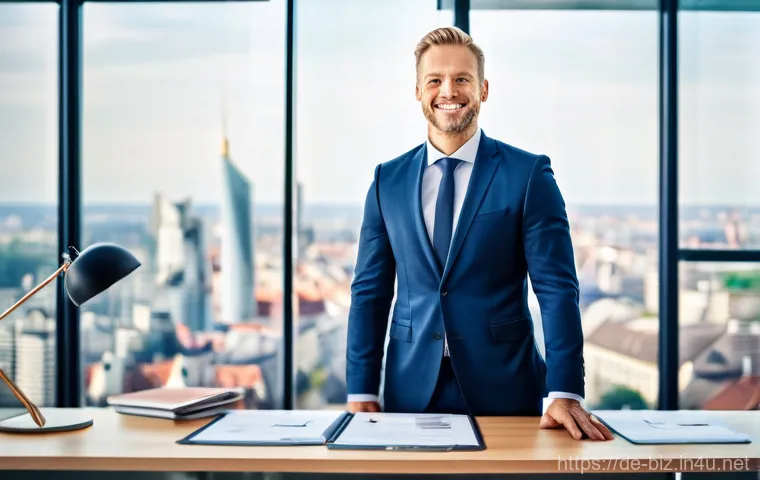 경영학 온라인 학습 - **Prompt:** A diverse group of young German professionals, two women and two men in their late 20s t...