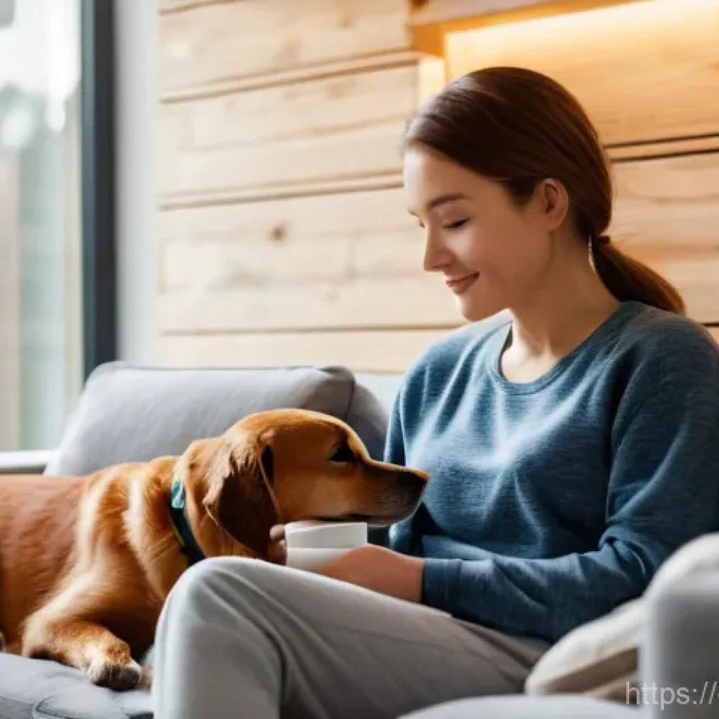 사물인터넷 IoT - **Cozy Smart Home Morning with Pet**: A warm and inviting living room on a cool autumn morning. Sunl...