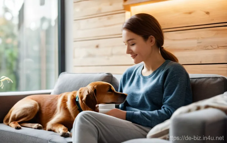 사물인터넷 IoT - **Cozy Smart Home Morning with Pet**: A warm and inviting living room on a cool autumn morning. Sunl...