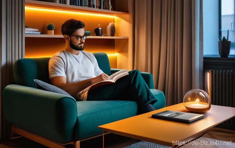 사물인터넷 IoT - **Cozy Smart Home Morning with Pet**: A warm and inviting living room on a cool autumn morning. Sunl...