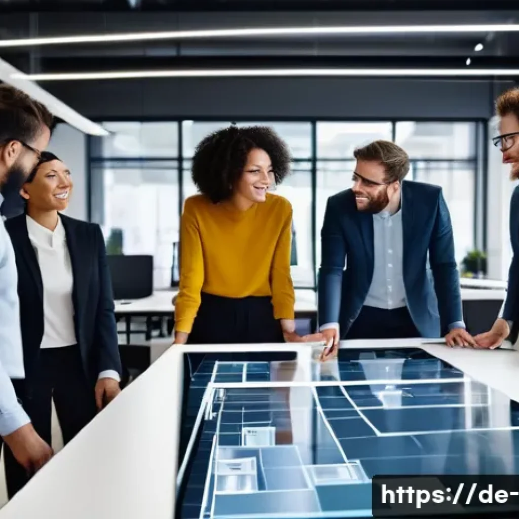 조직 이론 - A vibrant, modern open-plan office space bathed in natural light, featuring a diverse team of five p...