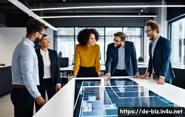 조직 이론 - A vibrant, modern open-plan office space bathed in natural light, featuring a diverse team of five p...