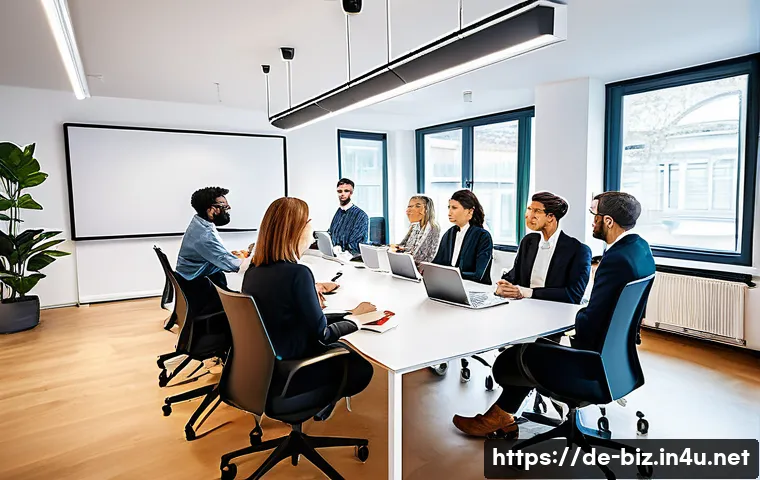 조직 문화 - A diverse professional team engaged in a collaborative meeting in a modern, bright office in Berlin,...