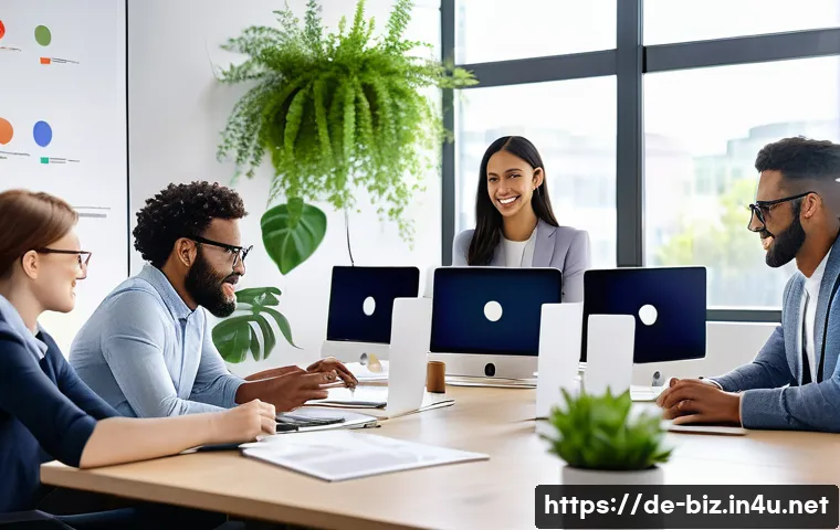 인사 전략 - A modern corporate office scene showing a diverse team of professionals engaged in a collaborative m...