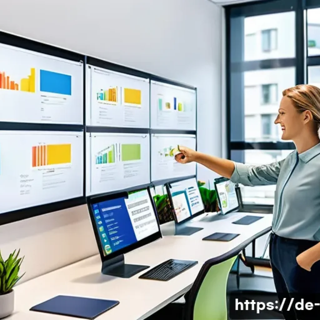 조직 혁신 - A modern, bright office scene showing a diverse agile team collaborating around a large digital Kanb...