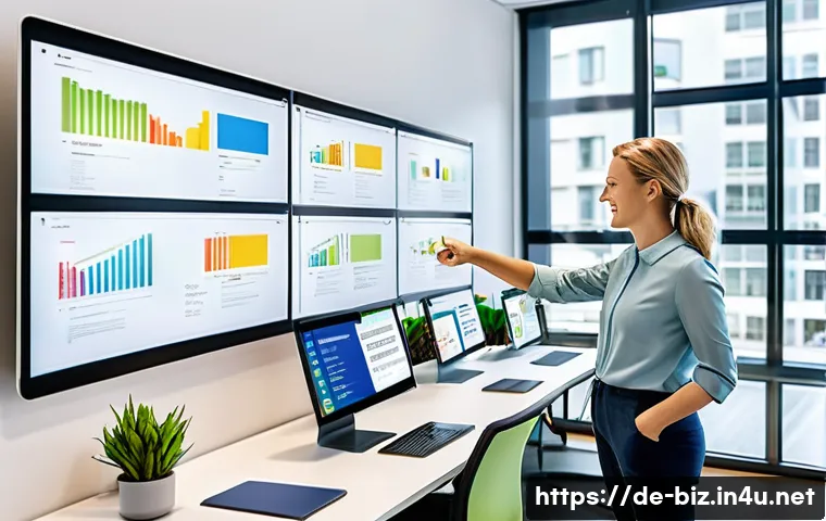 조직 혁신 - A modern, bright office scene showing a diverse agile team collaborating around a large digital Kanb...