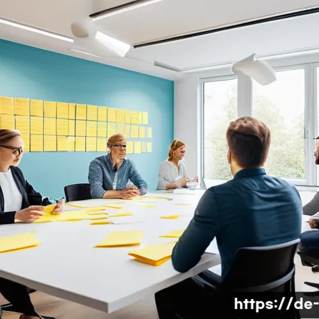제품 개발 전략 - A modern German business team engaged in an innovation workshop in a bright, contemporary office spa...