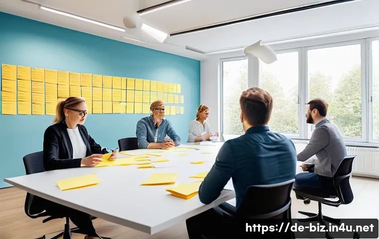 제품 개발 전략 - A modern German business team engaged in an innovation workshop in a bright, contemporary office spa...