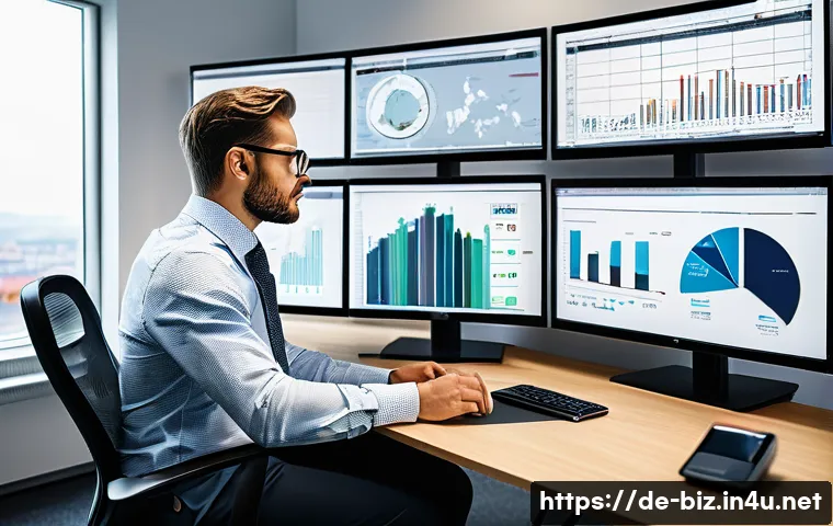 재무 제표 분석 - A professional German financial analyst sitting at a modern office desk, surrounded by multiple comp...