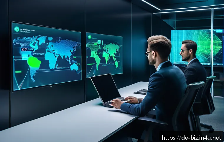정보 시스템 보안 - A high-tech corporate office environment showcasing cybersecurity in action: diverse IT professional...