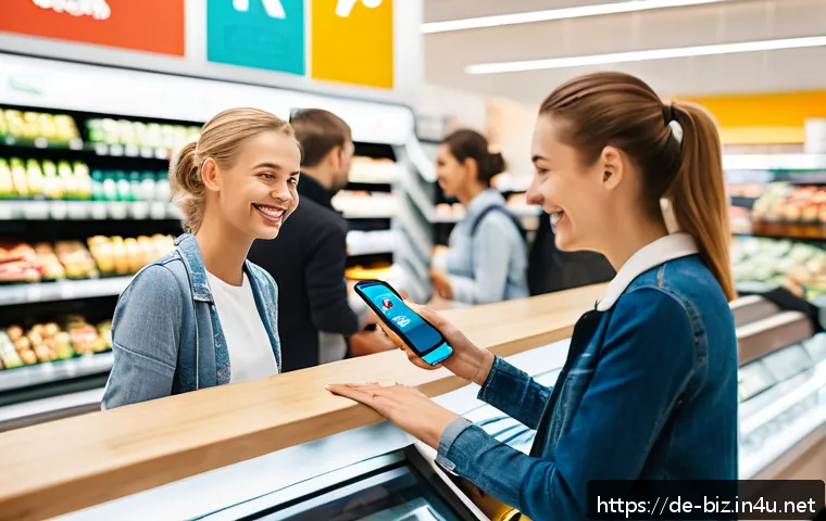 모바일 경제 - A modern German supermarket checkout scene featuring a diverse group of adult customers using contac...