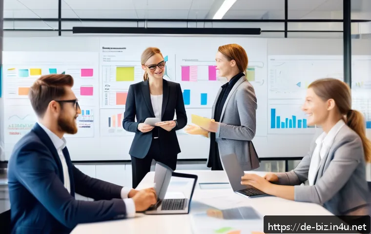 경영 전략의 리더십 역할 - A modern corporate office scene depicting a diverse team of German professionals engaged in an agile...