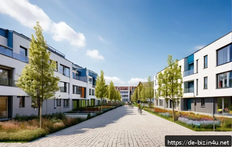 사회적 기업 사례 연구 - A vibrant urban neighborhood in Germany showcasing a sustainable city development project by a socia...