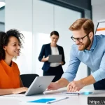 경영학의 정의 - A modern German office environment with a diverse team of motivated professionals engaged in a parti...