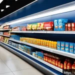 소비자 행동 분석 - A modern supermarket aisle filled with attractively packaged consumer goods, featuring vibrant color...