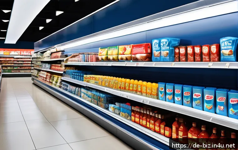 소비자 행동 분석 - A modern supermarket aisle filled with attractively packaged consumer goods, featuring vibrant color...
