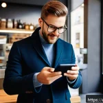 핀테크 혁명 - A modern German professional using a sleek smartphone app for mobile banking in a bright urban caf&eacute; ...