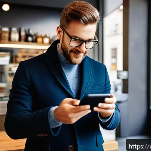 핀테크 혁명 - A modern German professional using a sleek smartphone app for mobile banking in a bright urban caf&eacute; ...