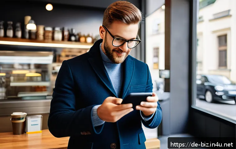 핀테크 혁명 - A modern German professional using a sleek smartphone app for mobile banking in a bright urban caf&eacute; ...