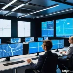 공급망 경제학 - A futuristic logistics control room in a modern German warehouse, featuring large digital screens di...