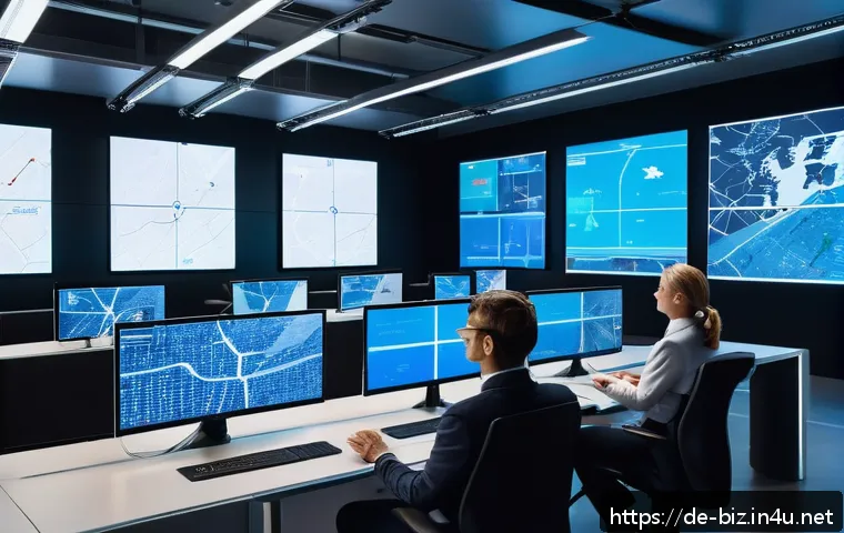 공급망 경제학 - A futuristic logistics control room in a modern German warehouse, featuring large digital screens di...