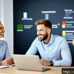 인센티브 설계 - A modern German office scene showing a diverse group of employees engaged in a personalized feedback...