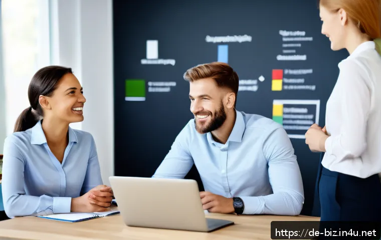 인센티브 설계 - A modern German office scene showing a diverse group of employees engaged in a personalized feedback...