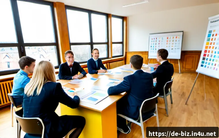 경영학 수업의 특징 - Photorealistic German business school classroom, diverse adult students seated around a clean semina...