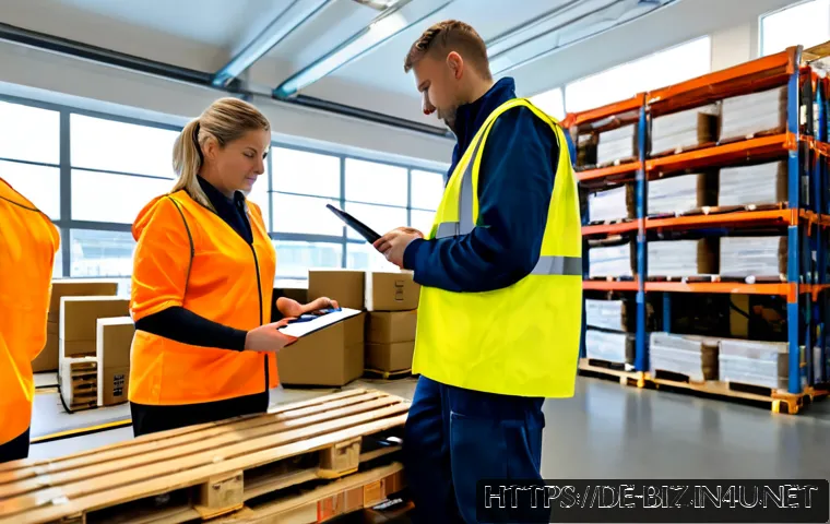 공급망의 사회적 책임 - Photorealistic ethical supply chain inspection in a modern German warehouse, diverse adult workers i...