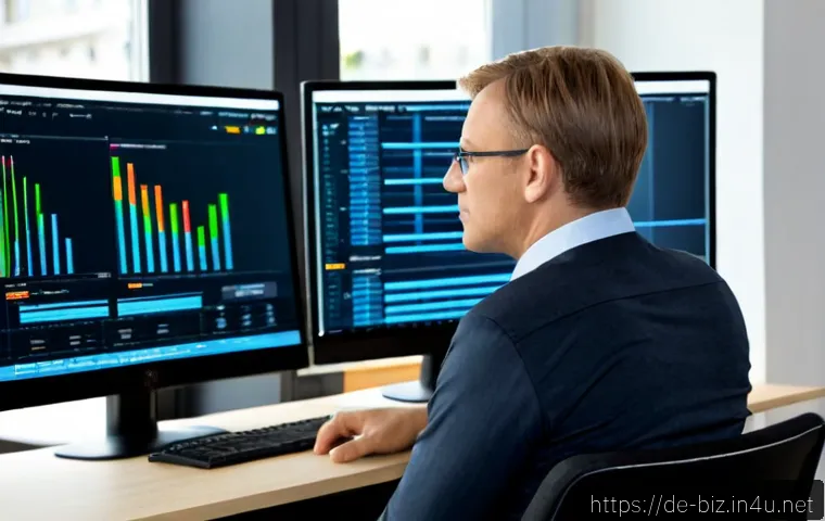 데이터베이스 관리 - Photorealistic modern database management workspace in a German small-business office, middle-aged I...